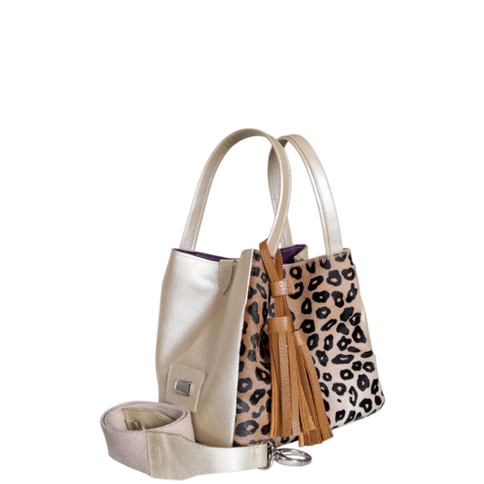 Bolso cuero mujer oro con piel al pelo