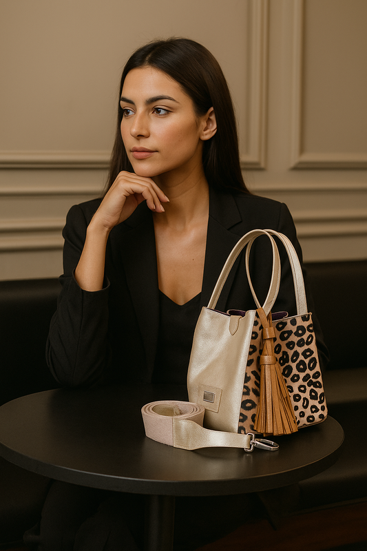 Mujer con bolso en cuero ZUHA color oro con jaguar