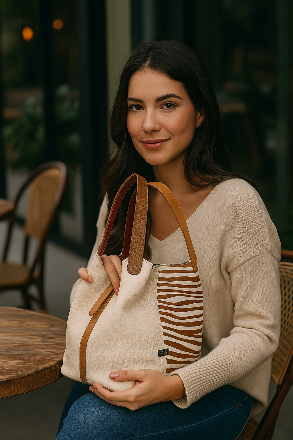 Mujer con bolso en cuero color talco con cebra