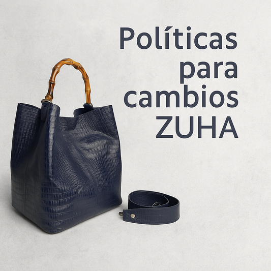 Bolso color azul oscuro con el texto politicas para cambios ZUHA