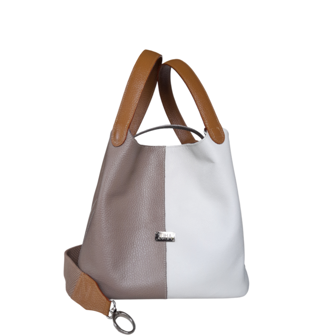 Bolso en cuero taupe y talco