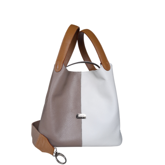 Bolso en cuero taupe y talco