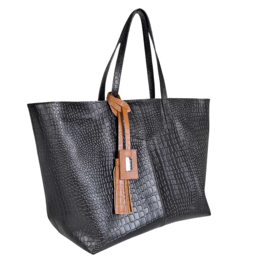 Bolso en cuero para mujer reptil negro.