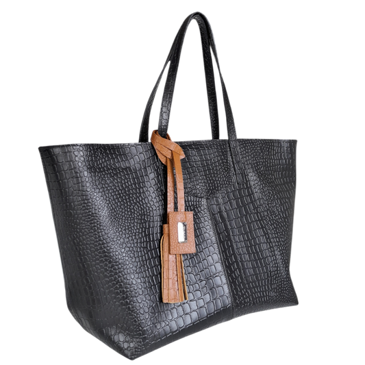 Bolso en cuero para mujer reptil negro.