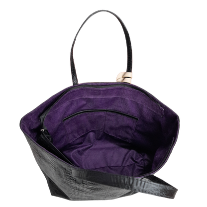 Bolso en cuero mujer reptil negro interior 2 bolsillos