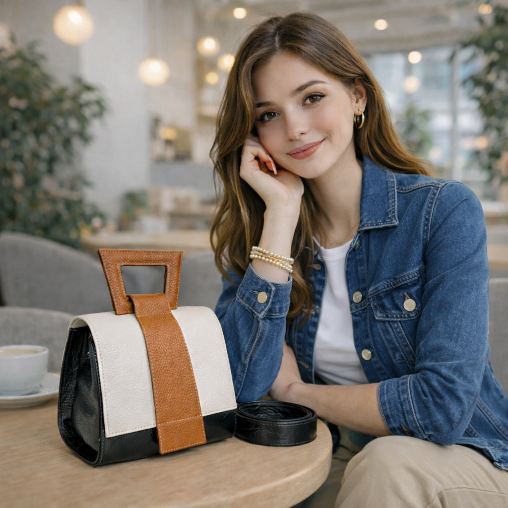 Mujer joven en ropa juvenil con bolsoo en cuero reptil negro