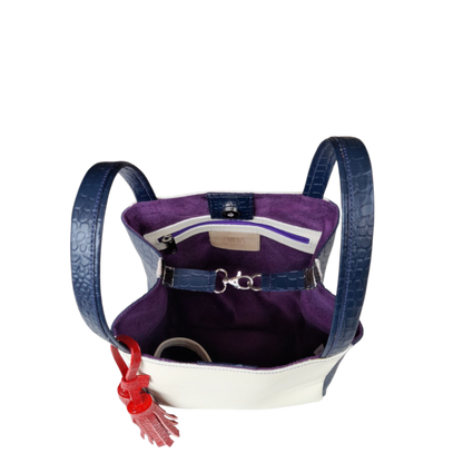 Bolso en cuero para mujer reptil azul oscuro y talco