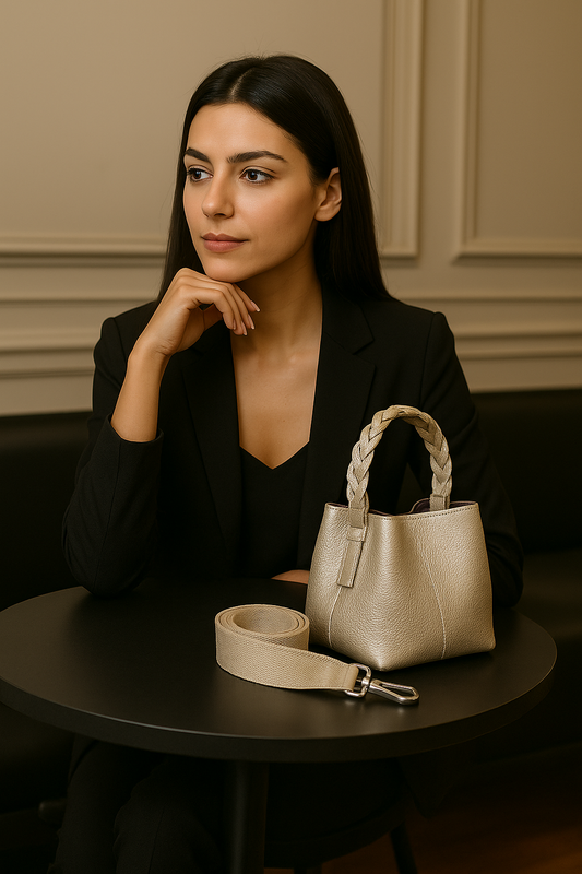 Mujer con bolso simona color oro