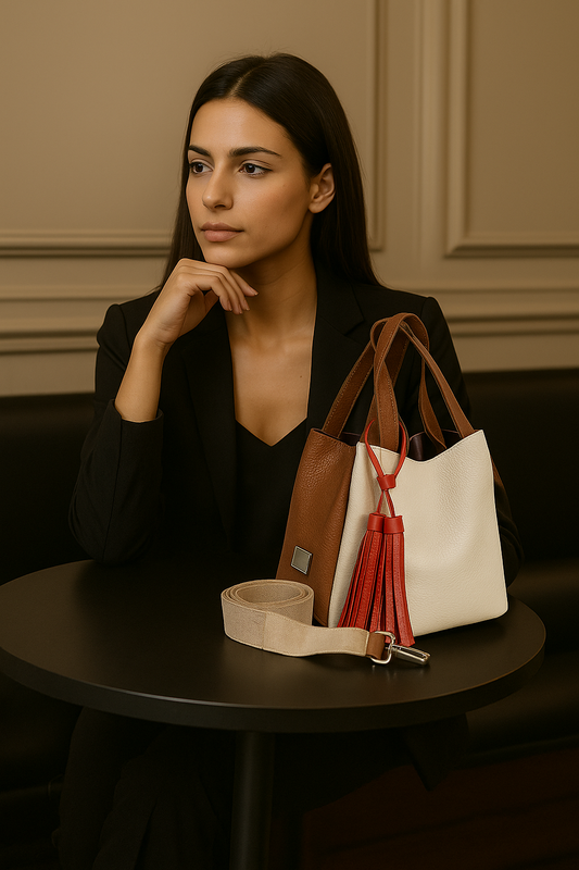 Mujer con bolso en cuero para mujer color talco